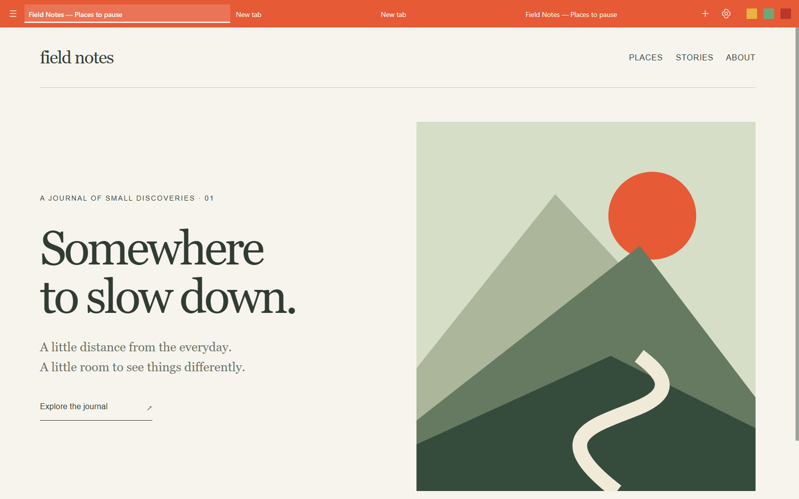 Hem's slim persimmon frame above an editorial page with an illustrated landscape