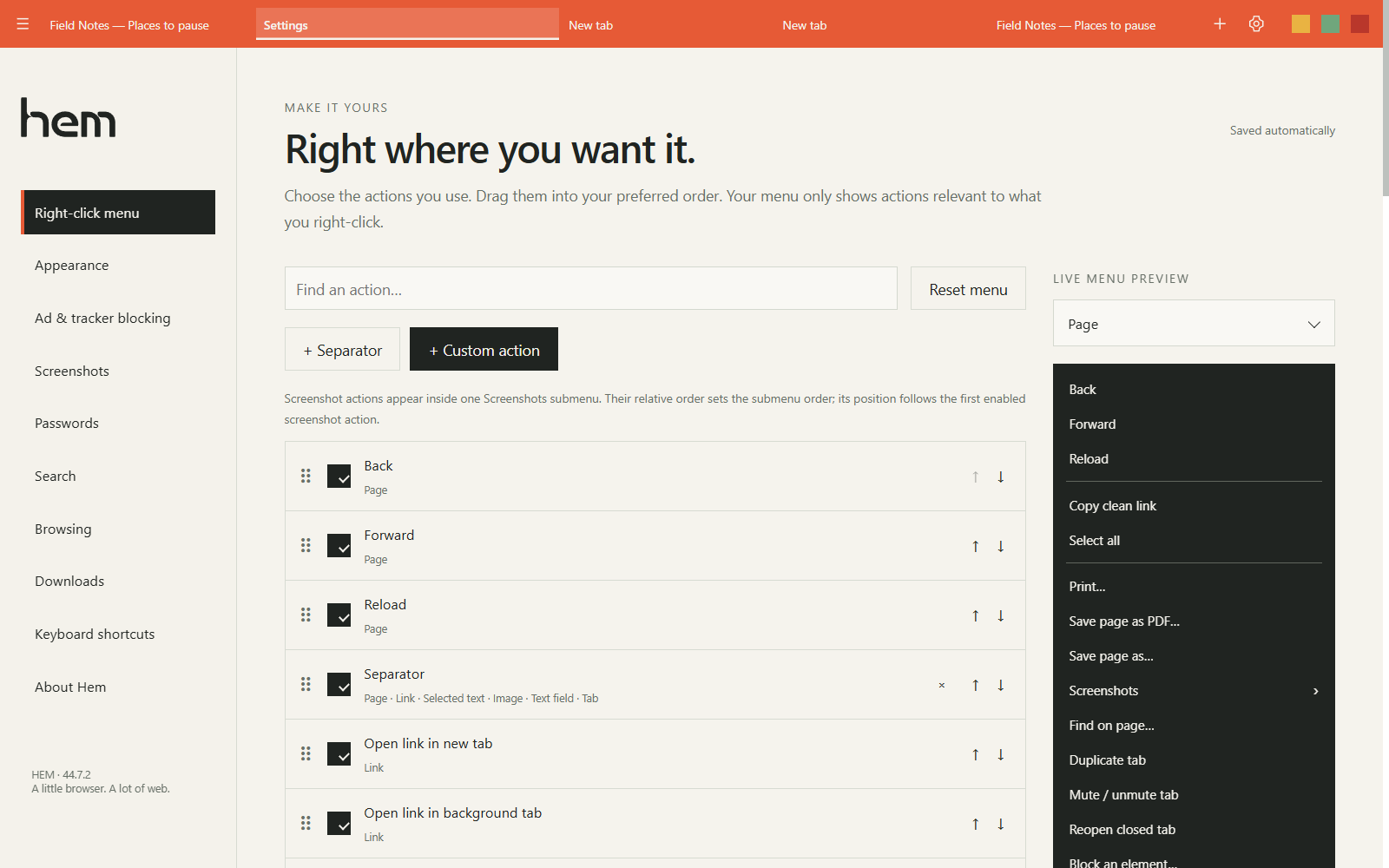 Hem's context-menu editor with reorderable actions and live menu preview
